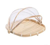 Handmade Woven Fruit Vegetable Basket With Net Round Dustproof Wicker Tray Food Bread Dishes With Gauze Cover Drying Food Storage Dustpan(M)