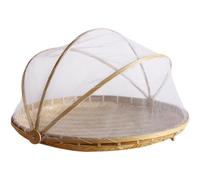 Handmade Woven Fruit Vegetable Basket With Net Round Dustproof Wicker Tray Food Bread(M)