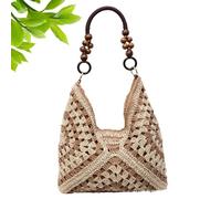 Handmade Woven Straw Bag for Women, Boho Crochet Mesh Tote Bag with Wooden Beaded Shoulder for Travel (Style B)