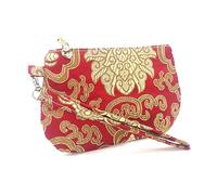 Handmade Zipper Coin Purse with Wristlet Strap Silk Rosary Pouch Jewelry Bag Brocade Wallet, Crimson
