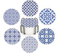 Handpainted Blue Pattern 6Pack Ceramic Drink Coasters,Quick-Absorb Stone Coasters with Anti-Slip Cork Backing & Metal Holder, Table Protectors for Kitchen Bar