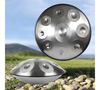 Handpan Drum 22" 9 Note 440Hz & 432Hz Steel Tongue Percuss Instrument Re Minor Includes Stic & Stand - Tamburo A Mano (Silver)