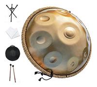Handpan Instrument, 9 Notes 22 Inch Hand Pan Drum Gold Steel Tongue Drum, Tambourine Percussion with Handbags Drumsticks, Drum Stand, Rags, for Musically Resonating (440 Hz)