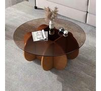 HanDpi 31.5" Glass Coffee Table Round Coffee Table Circle Coffee Tables for Living Room Walnut Center Table with Solid Wood Legs, Rustic Brown Coffee Table for Small Space