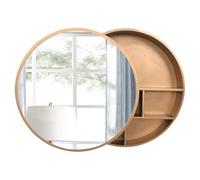 HanDpi 60/70cm Bathroom Mirror Cabinet Sliding Bathroom Wall Mounted Mirror Cabinet Round Wall Solid Wood Large Furniture Storage Mirror(Gold 60cm/23.6in)
