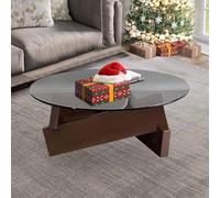 HanDpi Farmhouse Coffee Table with Glass Top, Wooden Coffee Tables for Living Room Round Coffee Tables Living Room Small Space