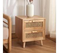 HanDpi Rattan Nightstand with 2 Drawers, Wood Bedside Table, Retro Storage Cabinet, Minimalist Furniture for Bedroom and Living Room