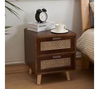 HanDpi Rattan Nightstand with 2 Drawers, Wood Bedside Table, Retro Storage Cabinet, Minimalist Furniture for Bedroom and Living Room