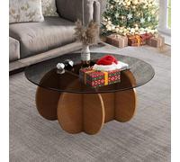 HanDpi Round Coffee Table Glass Coffee Top, Solid Wood Base and Clear Tempered Glass Top Coffee Side Tea Table, Unique Center Table for Living Room,Patio(80x40cm)