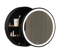 HanDpi With LED Light StripRound Mirrored Bathroom Cabinets 50 60 70cm Wall-mounted Wood Bathroom Mirror, LED Bathroom Storage Cabinet