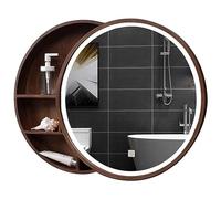 HanDpi With LED Light StripRound Mirrored Bathroom Cabinets 50 60 70cm Wall-mounted Wood Bathroom Mirror, LED Bathroom Storage Cabinet