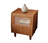 HanDpi Wooden Nightstand with 2 Storage Drawers, Bedside Table, Rattan and Glass Door Side Cabinet for Bedroom