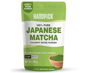 HANDPICK, Japanese Matcha Green Tea Powder (100g, 100 Servings) | Culinary Grade Powder | Authentic Premium Second Flush Harvest | Resealable Ziplock Pouch (Packing May Vary)