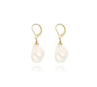 Handpicked White Pearl Earrings 18k Gold Plated Leverback Dangle Stud Pearl Earrings Jewelry for Women, Yellow Gold, Sandstone