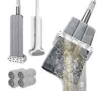 Hands DIY Self Wringing Mop, Microfibre Floor Mops with 4 Reusable Pads Hands Free Wet Dry Dust Mop 360° Rotatable Flat Floor Mops Cleaning Mop Set for Bathroom Kitchen Wall Floor