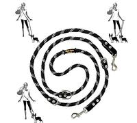 Hands Free Dog Lead. Double Ended, MultiFunction, Multiposition, for 2 Dogs, Small Medium Large. Rope and Leather, Made in Spain. Black White & Black.