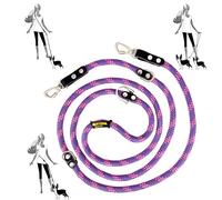 Hands Free Dog Lead. Double Ended, MultiFunction, Multiposition, for 2 Dogs, Small Medium Large. Rope and Leather, Made in Spain. Violet Pink & Black.