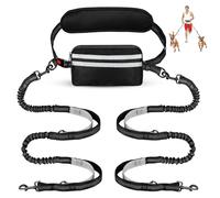 Hands Free Dog Lead with Adjustable Waist Belt, Extendable Reflective Stitching Bungee Leads for Medium Large Dogs Running Hiking Retractable Dog Leashes Pouch Black (for 2 Dogs) (Black)