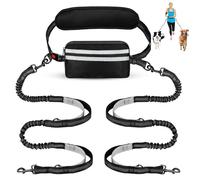 Hands Free Dog Lead with Adjustable Waist Belt Shock,Absorbing Bungee Reflective Stitching for Medium,Large Dogs Running,Hiking,Detachable Pouch Black (for 2 Dog) (2 Dog, XS-XXL)