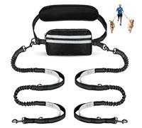 Hands free dog leash with pouch, double for two dogs, retractable leash with double padded handles, Waist-Mounted for Running,Walking, Jogging Friendly Dog Accessories (Black/Silver Gray)