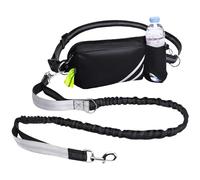 Hands Free Dog Leash with Pouch, Waist Leash for Dog Walking with Water Bottle Holder, Reflective Stitching, Dual Handle, Bungee Retractable Running Leash for Medium to Large Dogs Black 25-120 lbs