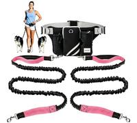 Hands Free Dog Leashs for 2 Dogs,Adjustable 33-47 in Waist Belt and Fanny Pack,Reflective Double Dog Leash with Control Handles for Walking Jogging Hiking,Black-Pink