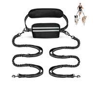 Hands Free Double Dog Lead for Running, Walking & Hiking - Dual Bungee Leash with Adjustable Waist Belt, Pouch & Reflective Stitching | No-Tangle Shock Absorbing Lead for Medium/Large Dogs (Black)