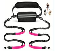 Hands Free Double Dog Leash For 2 Dogs Bungee Reflective Waist Belt Pouch Anti Tangle Walking Jogging