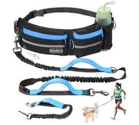 Hands-Free Waist Leash with Pouch for Two Dogs,Reflective Stitching, Dual Handle & Bungee Retractable Design - Ideal for Medium to Large Dogs (Blue) - Dog Walking Accessories