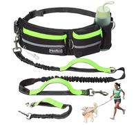 Hands-Free Waist Leash with Pouch for Two Dogs: Reflective Stitching, Dual Handle & Bungee Retractable Design - Ideal for Medium to Large Dogs (Green) - Dog Walking Accessories