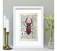 Hands & Hearts Beetle vintage book page art print - White