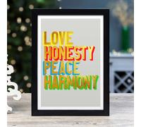 Hands & Hearts Love Honesty Peace Harmony golden words art print - Black frame