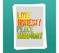 Hands & Hearts Love Honesty Peace Harmony golden words art print - Unframed