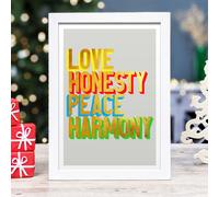 Hands & Hearts Love Honesty Peace Harmony golden words art print - White frame