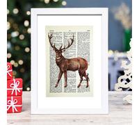 Hands & Hearts Majestic stag vintage book page art print - White