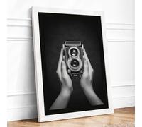 Hands Holding Camera Vintage Framed Wall Art Print A1 White | Ready to Hang, Premium Gi Paper, Fade-Resistant Inks, Securely Packaged, UK Made