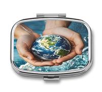 Hands Holding The Earth Pill Case 2 Compartments Travel Pill Organizer for Pocket Small Pill Box Portable Pill Container Metal Medication Holder to Hold Vitamin Fish Oil Supplement