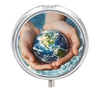 Hands Holding The Earth Pill Case Pill Box with 3 Compartments | Round Travel Pill Organizer Portable Pill Container for Pocket Purse Women Men Daily Use Vitamins Supplement Holder