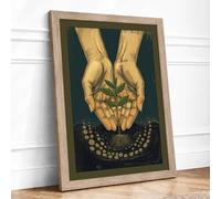 Hands Presenting Treasures Minimalist Framed Wall Art Print A4 Oak