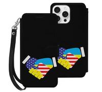 Handshake U.S.A And Ukraine Flag Leather Flip Phone Case Wallet Cover Compatible with iPhone 16/16 Plus/16 Pro/16 Pro Max/16 E