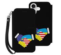 Handshake U.S.A And Ukraine Flag Leather Flip Phone Case Wallet Cover Compatible with iPhone 16/16 Plus/16 Pro/16 Pro Max/16 E