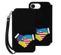 Handshake U.S.A And Ukraine Flag Leather Flip Phone Case Wallet Cover Compatible with iPhone 16/16 Plus/16 Pro/16 Pro Max/16 E