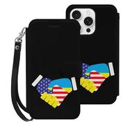 Handshake U.S.A And Ukraine Flag Leather Flip Phone Case Wallet Cover Compatible with iPhone 16/16 Plus/16 Pro/16 Pro Max/16 E
