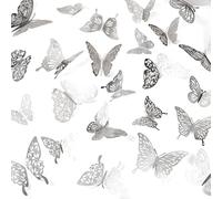 Handship 96Pcs Silver Butterfly Wall Decor, 8 Styles 3D Butterfly Decorations Cute Metallic Butterflies Wall Art Stickers Removable Decals for Birthday Party Cake Decorations Wedding Home Office