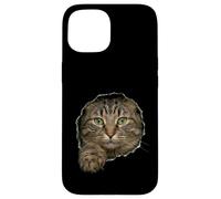 Handsome Domestic Medium Hair Tabby Peeking Through Case for iPhone 15