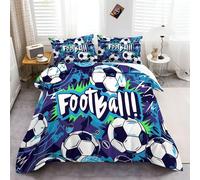 Handsome Football Pattern theme Duvet Cover Set King Size for Children Boy Girl Adult, 3 PIECE Blue and White Printed Bedding Set, Soft Microfiber, Easy Care, Includes 2 Pillowcases 90" x 86"