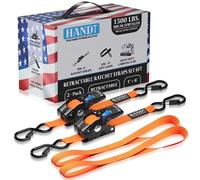 HandT Retractable Ratchet Straps (2PK) 1in x 6ft - 1,500lb Break Strength, Heavy Duty Tie Down Automatic Self Ratcheting Strap Downs Push Button Retracting for Truck, Trailer, Motorcycle | 2PK Orange