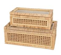 Handwoven Boho Rattan Display Boxes with Glass Lids - Set of 2 Rectangular Decorative Storage Bins - Natural Woven Cane Home Decor Organizers