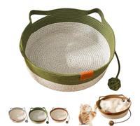 Handwoven Cat Basket Bed - Cat Basket Bed With Cushion & Hanging Ball Toy, Foldable Scratchable Instinct Basket for Cats (Green, L)