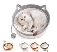 Handwoven Cat Basket Bed with Hanging Ball Toy - 2027 New Foldable Scratchable Round Cotton Rope Pet Basket, Scratchable Cat Lounger Basket for Sleeping, Playing and Relaxing (Grey,S)